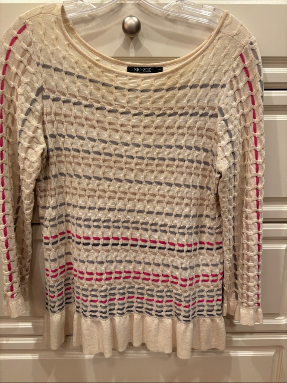NIC+ZOE Cream Open-Weave Crewneck Sweater with Pink and Gray Stripes